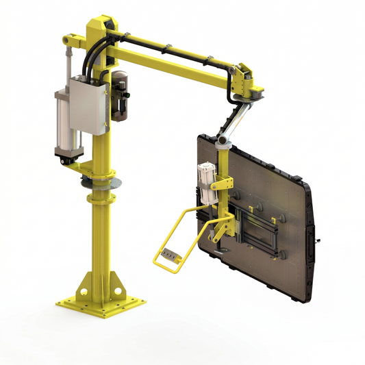 HB overhead pneumatic manipulator lifting a heavy EV battery pack tray with a custom zero-gravity gripper.