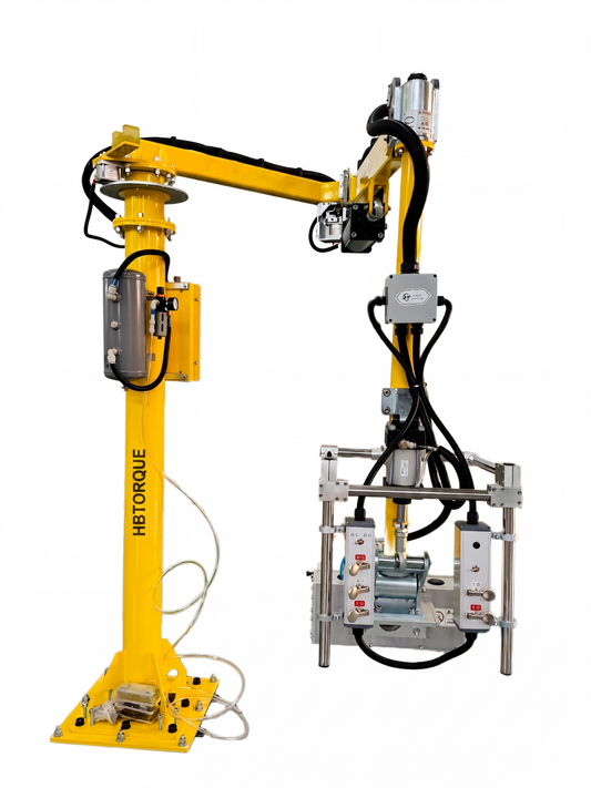 HB Torque heavy-duty rigid-arm pneumatic manipulator with custom mechanical gripper for industrial assembly.