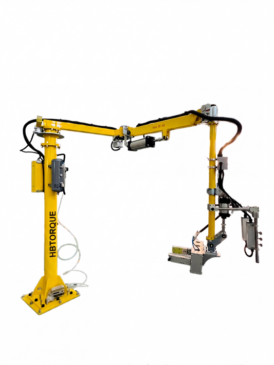 HB Torque heavy-duty rigid-arm pneumatic manipulator with custom mechanical gripper for industrial assembly.