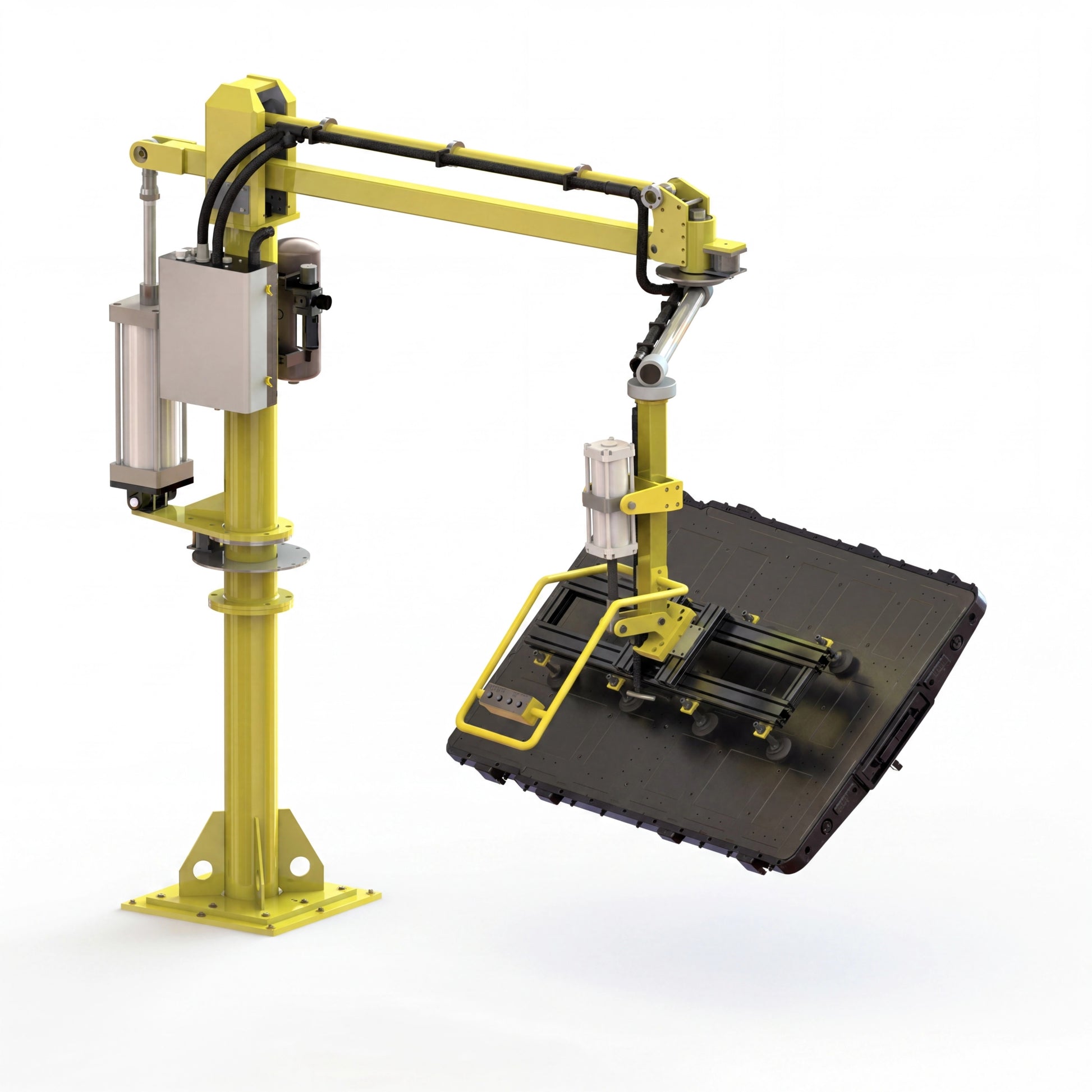 HB overhead pneumatic manipulator lifting a heavy EV battery pack tray with a custom zero-gravity gripper.