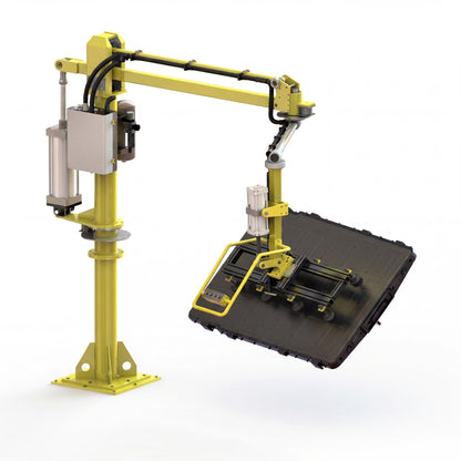 HB overhead pneumatic manipulator lifting a heavy EV battery pack tray with a custom zero-gravity gripper.