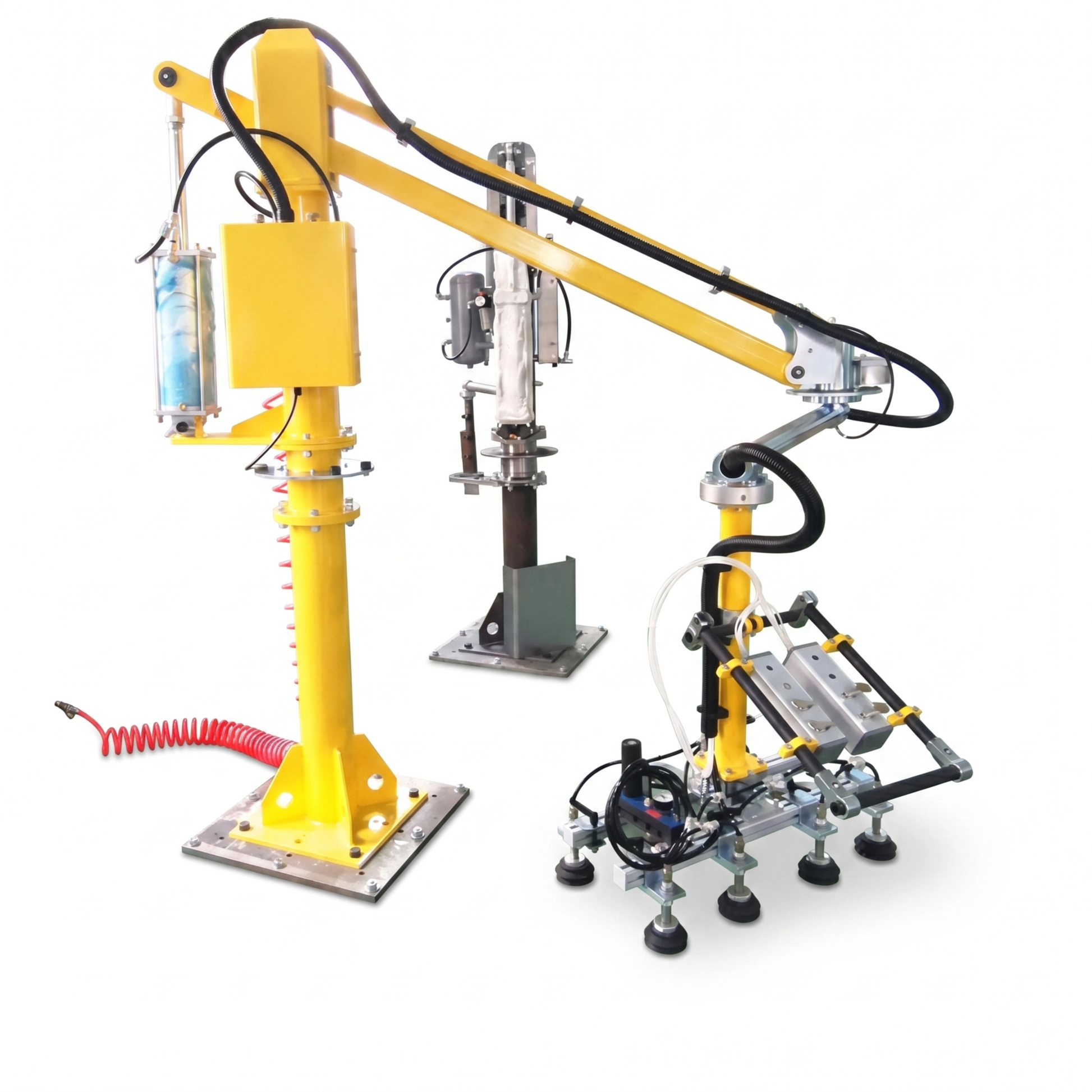 HB overhead pneumatic manipulator lifting a heavy EV battery pack tray with a custom zero-gravity gripper.
