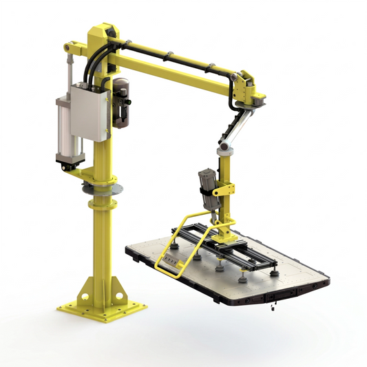HB overhead pneumatic manipulator lifting a heavy EV battery pack tray with a custom zero-gravity gripper.