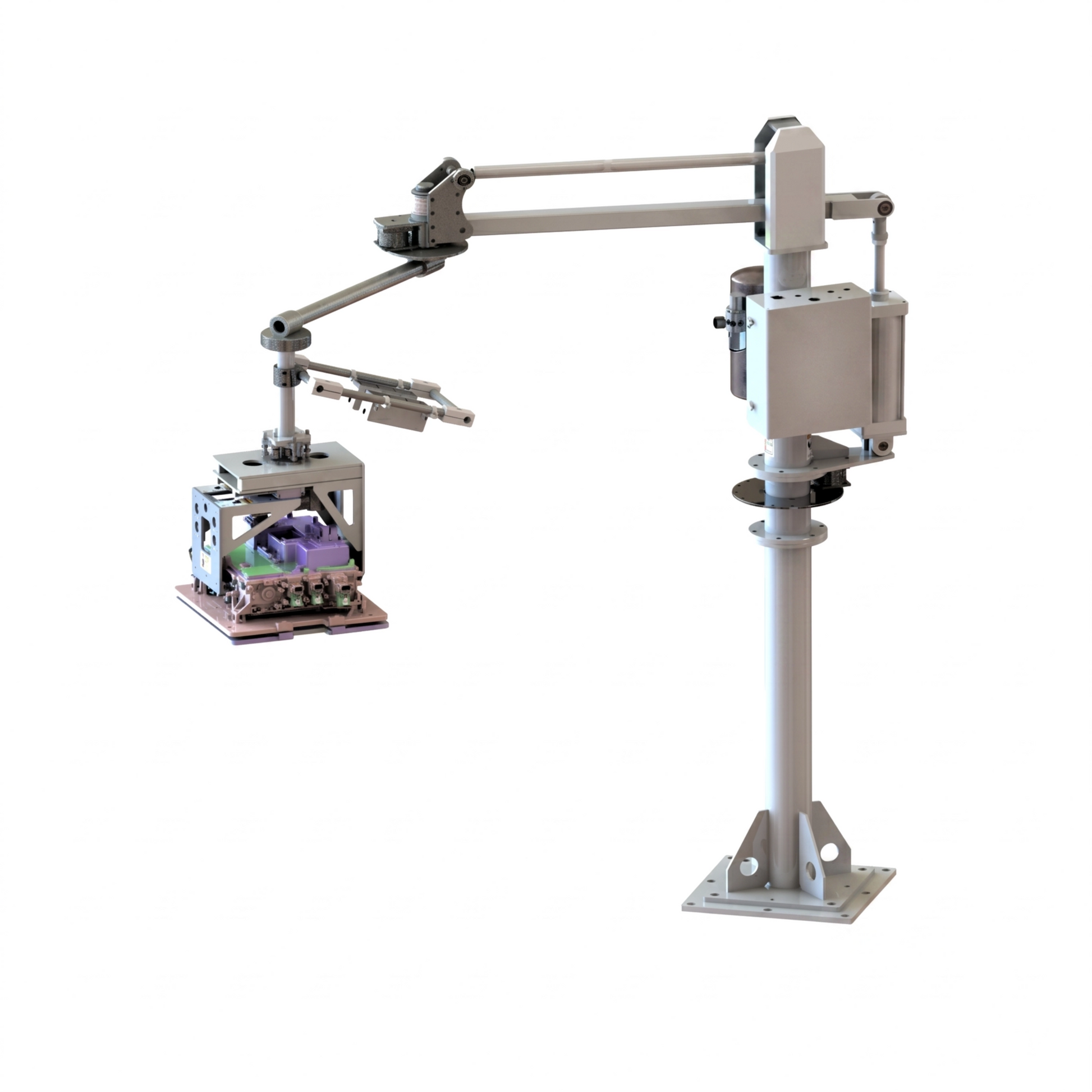 HB Torque integrated workstation handling an EV inverter. Combines zero-gravity pneumatic lifting with a rigid torque reaction arm.