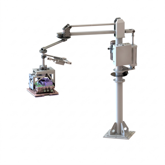 HB Torque integrated workstation handling an EV inverter. Combines zero-gravity pneumatic lifting with a rigid torque reaction arm.
