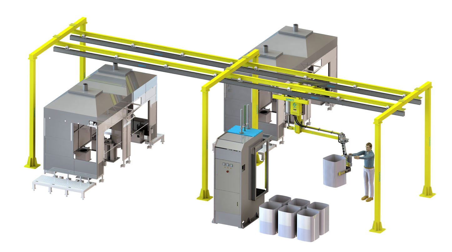 Overhead aluminum rail system integrated with multiple smart hoists for continuous assembly line production.