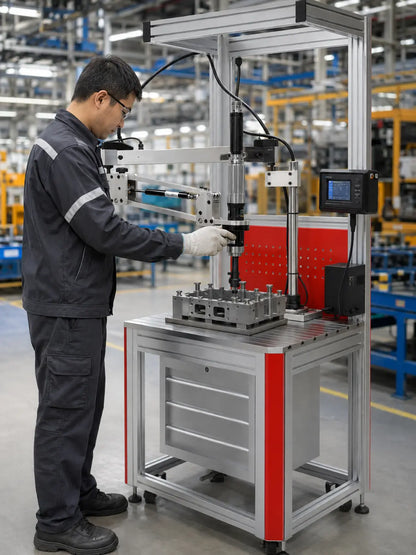 Operator using a multi-brand nutrunner on an HB Torque reaction arm workstation