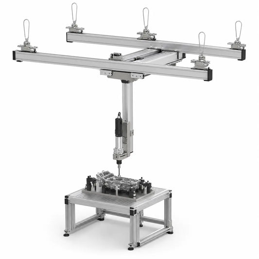 HB Torque B031 overhead aluminum rail system with suspended torque reaction arm and rigidly clamped nutrunner
