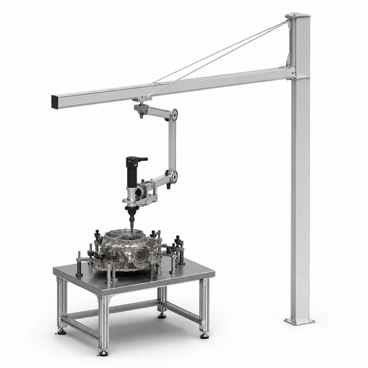 HB Torque YEBO B043 floor-mounted jib crane with trolley torque reaction arm and rigidly clamped nutrunner