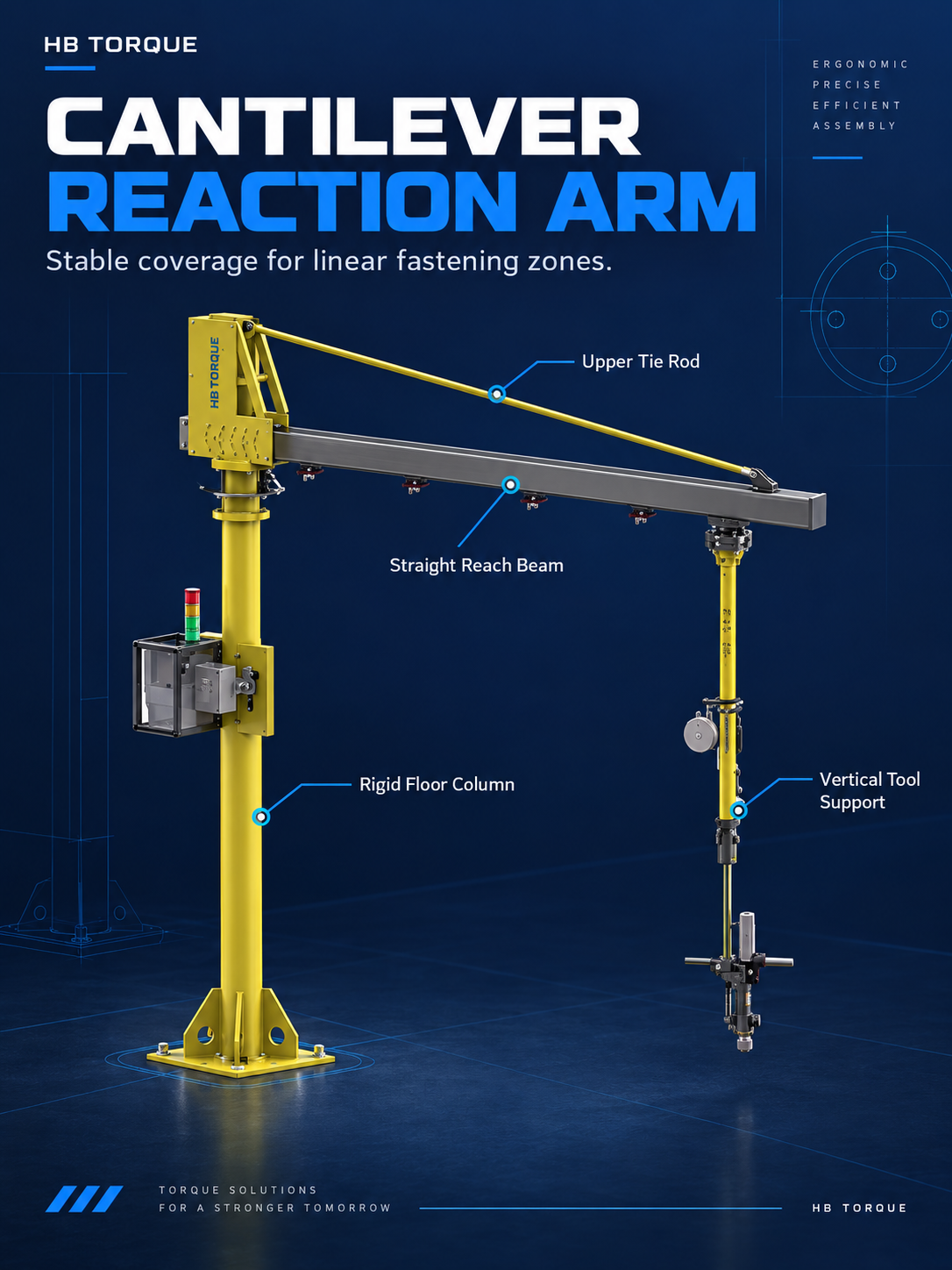 Cantilever torque reaction arm with rigid column straight beam tie rod and vertical tool support