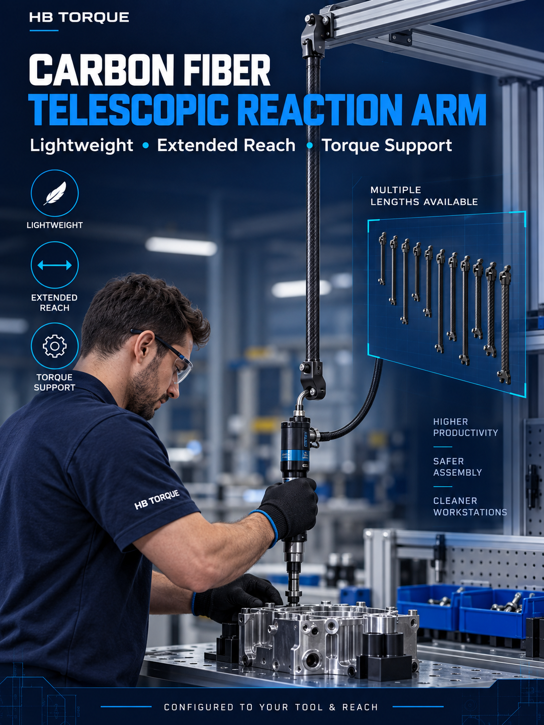HB Torque carbon fiber telescopic torque reaction arm supporting an industrial nutrunner