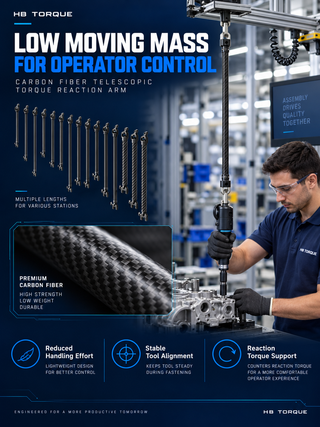 Lightweight carbon fiber reaction arm for operator-controlled industrial tightening