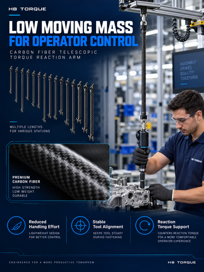 Lightweight carbon fiber reaction arm for operator-controlled industrial tightening
