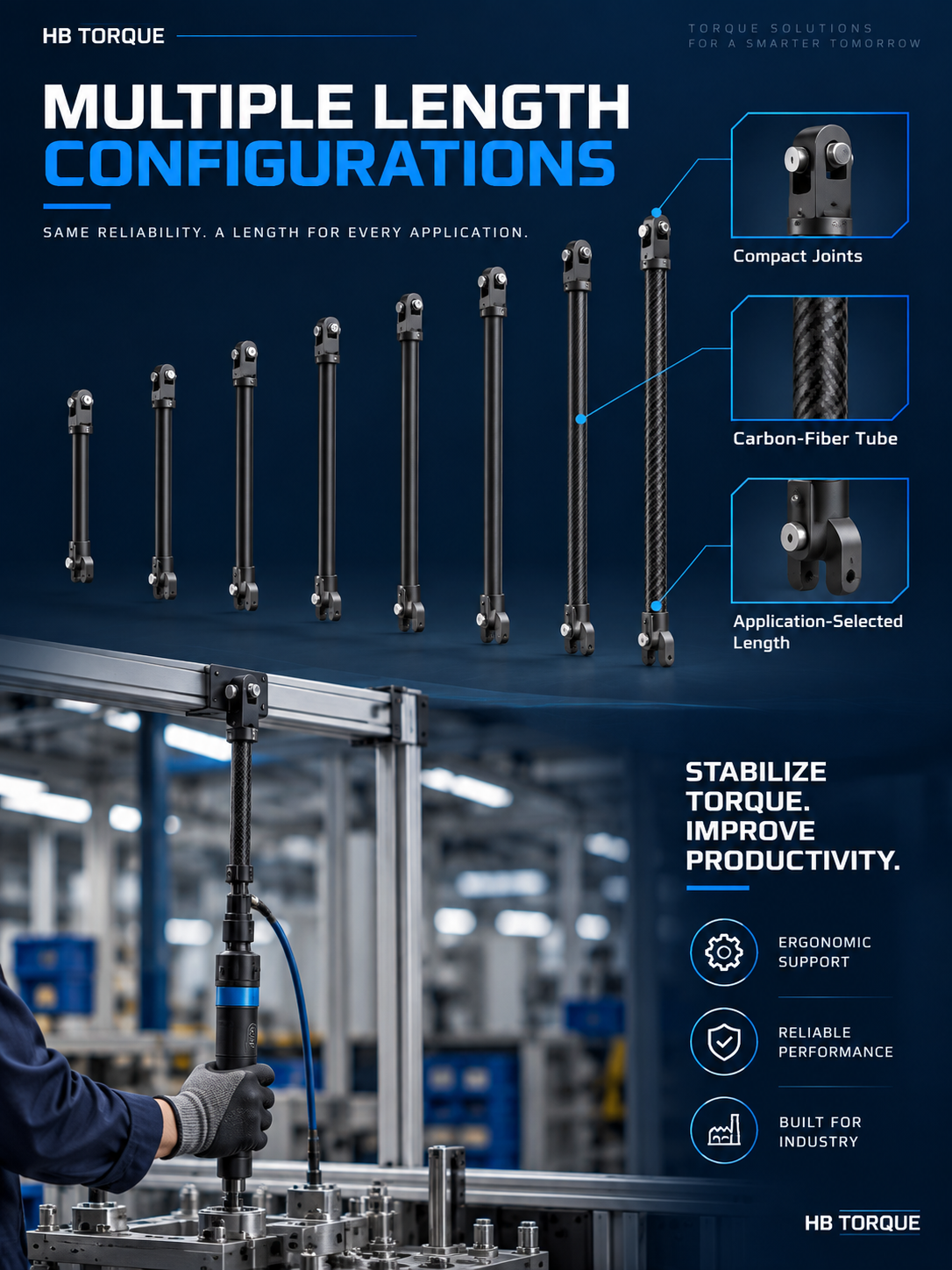 Carbon fiber telescopic reaction arm family in multiple application-selected lengths