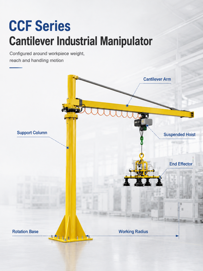 CCF cantilever industrial manipulator structure with support column working radius and end effector