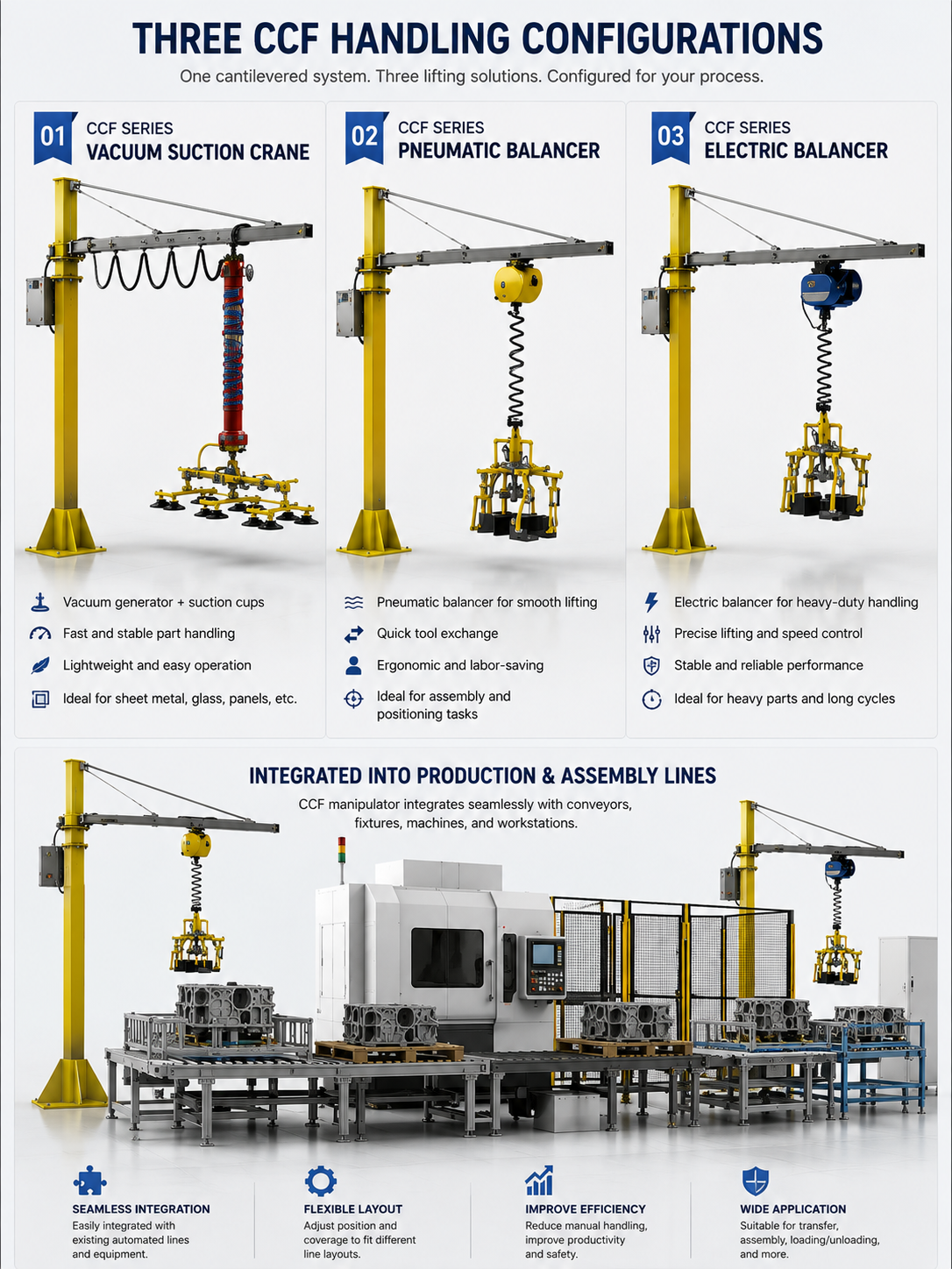 CCF cantilever manipulator vacuum suction pneumatic balancer and electric balancer configurations