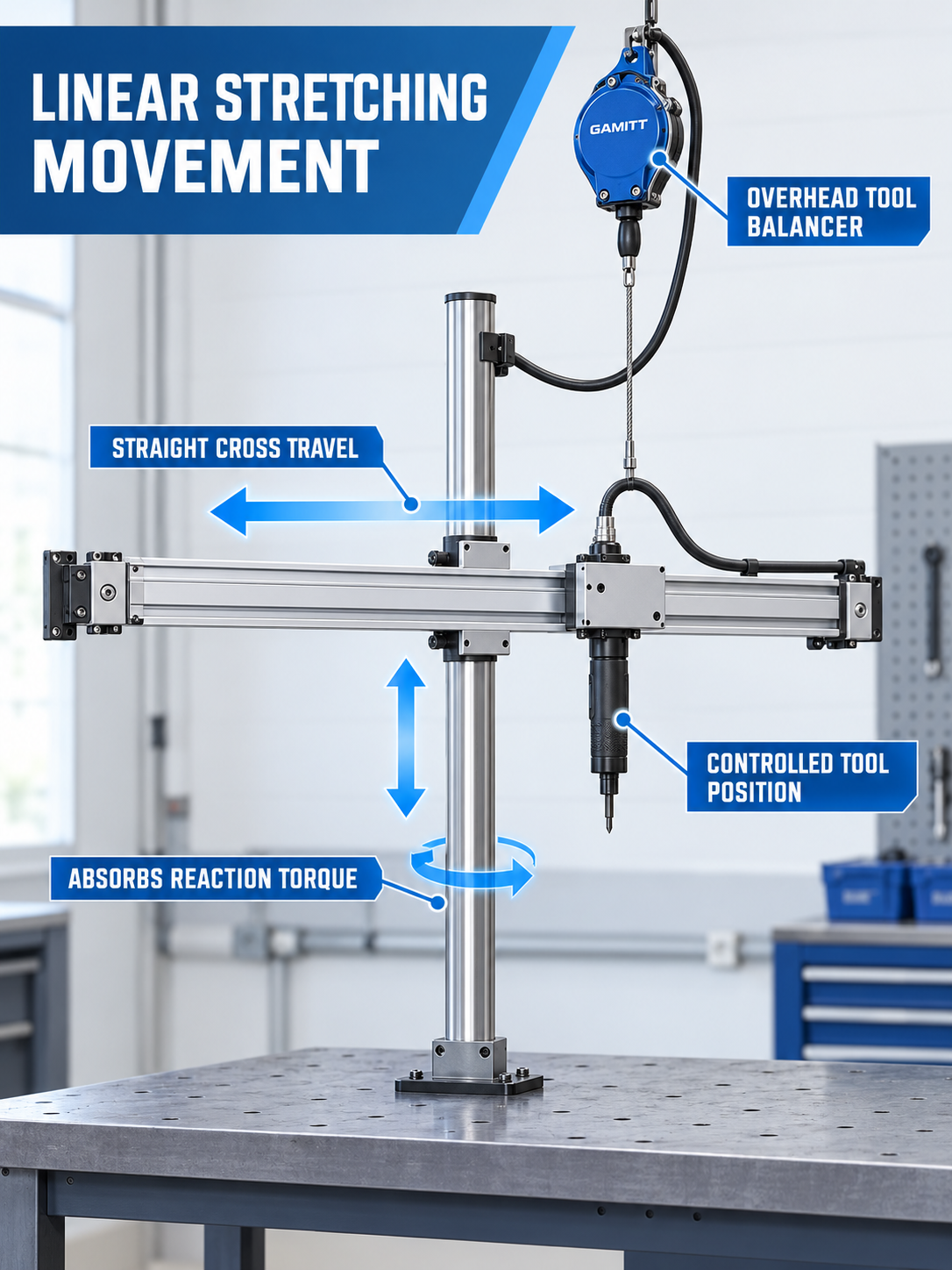 DRA-L straight cross travel overhead tool balancer and torque support