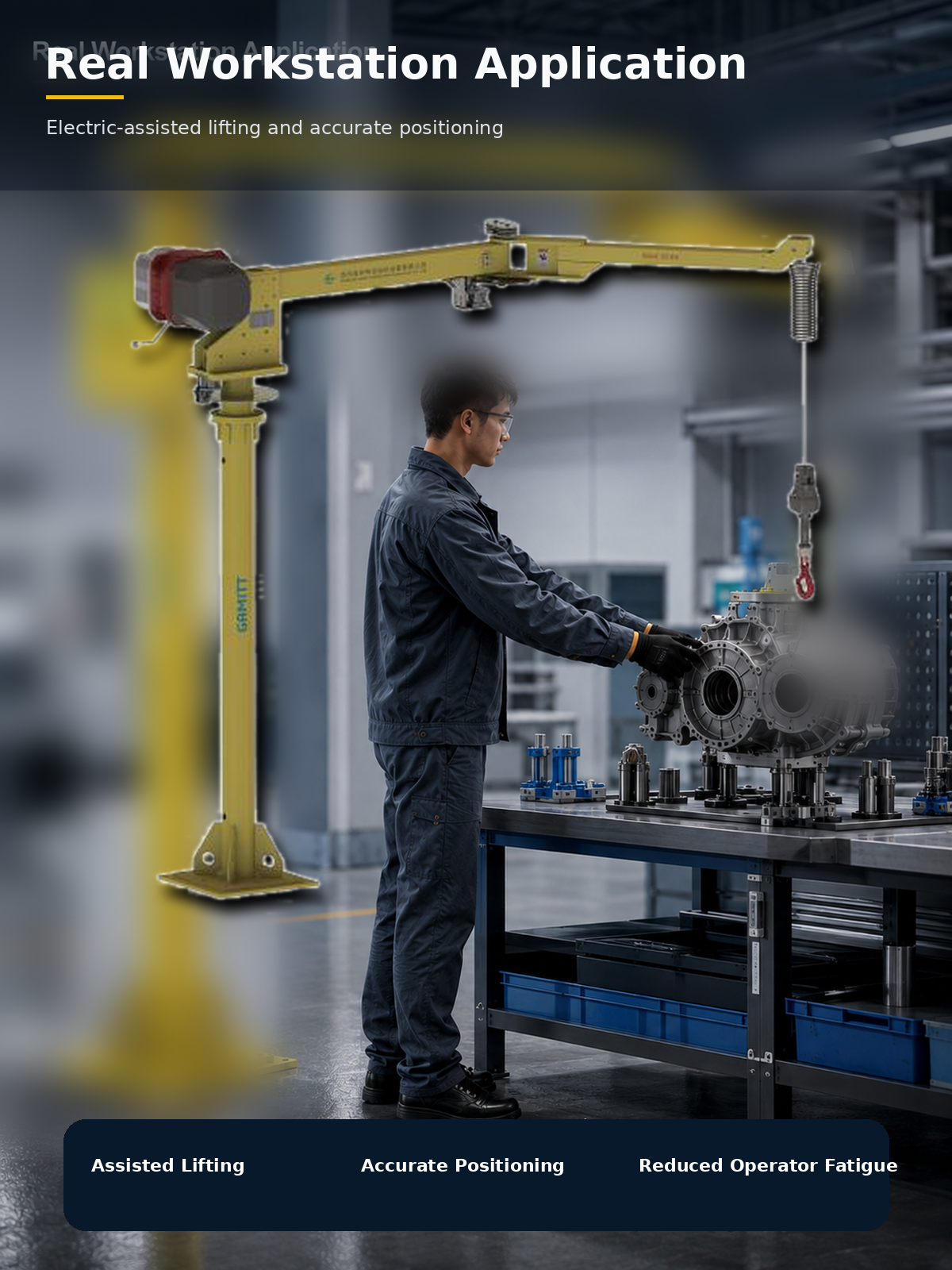 Electric R Series folding arm manipulator real workstation application for assisted lifting and positioning