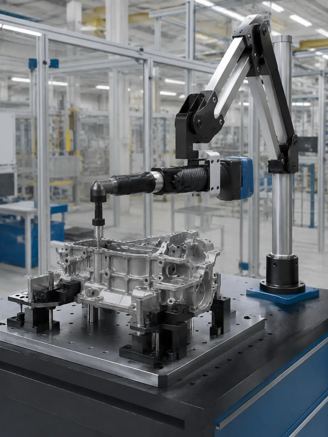 ESTIC EHC-T cordless angle pulse tool compatible workstation with rigid torque arm and engine housing fixture