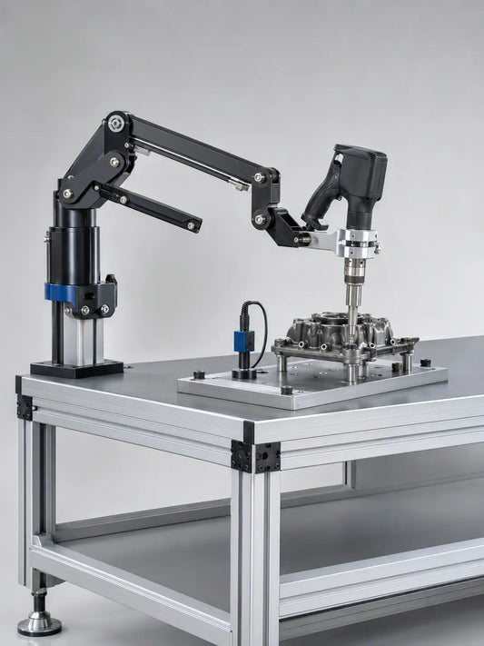 HB Torque workstation compatible with ESTIC Handy 2000 EH2-R pistol nutrunner, rigid reaction arm and fixture