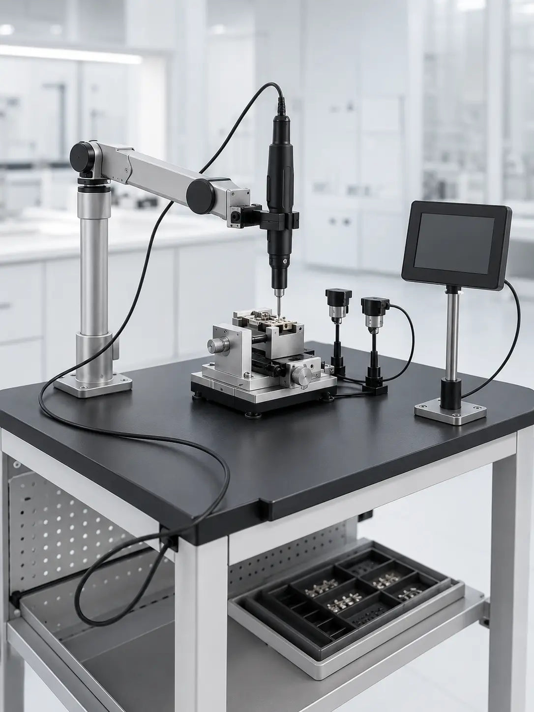 ESTIC EH2-RA inline micro-fastening workstation with rigid reaction arm fixture and optional position control