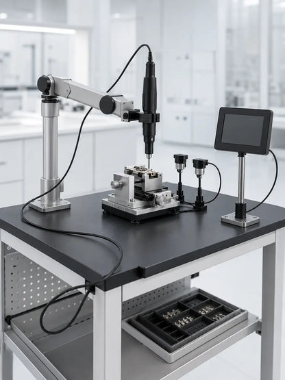 ESTIC EH2-RA inline micro-fastening workstation with rigid reaction arm fixture and optional position control