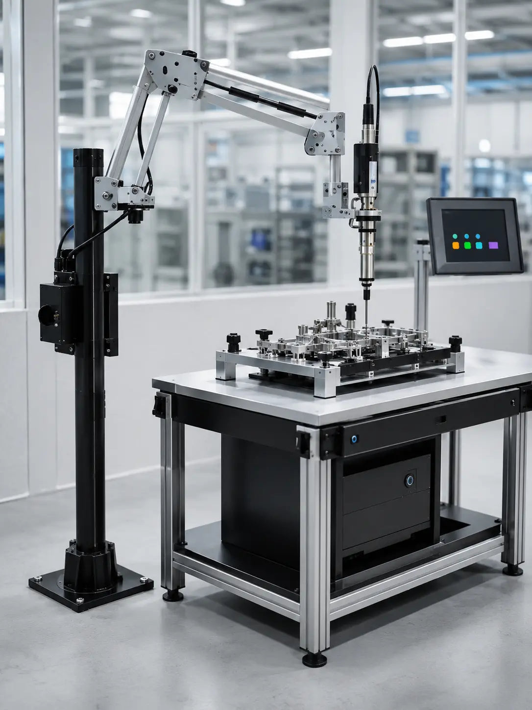 Vertical Tracer Arm workstation with fixture and optional position control for ESTIC Handy 2000 tools