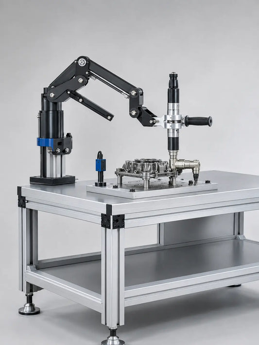HB Torque workstation compatible with ESTIC Handy 2000 PULSE HS angle nutrunner, 4–140 N·m reaction arm