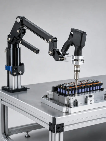 Machined clamp and rigid torque reaction arm for ESTIC PULSE HS pistol nutrunner workstation