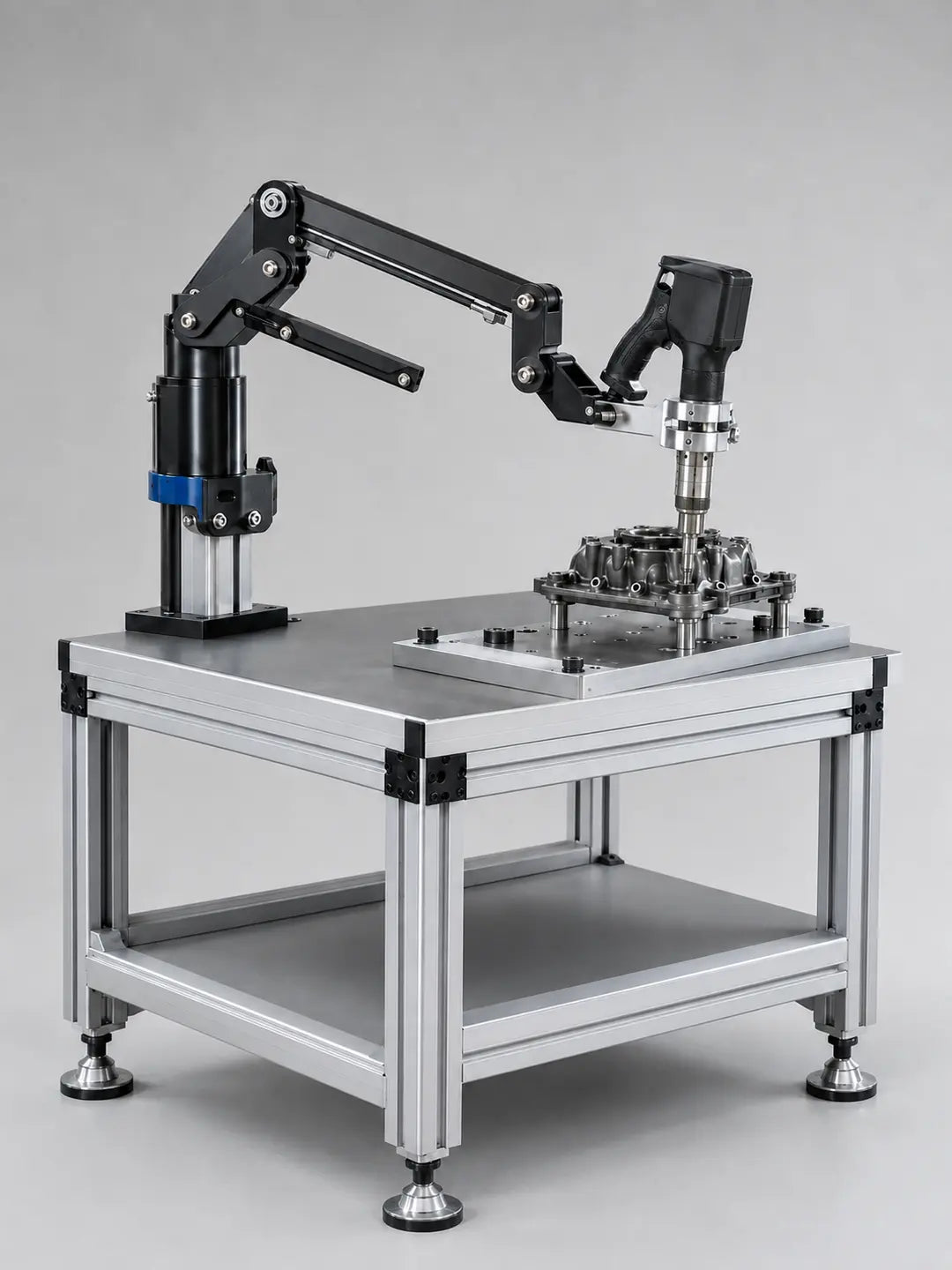 HB Torque workstation compatible with ESTIC Handy 2000 PULSE T pistol nutrunner, 10–70 N·m reaction arm