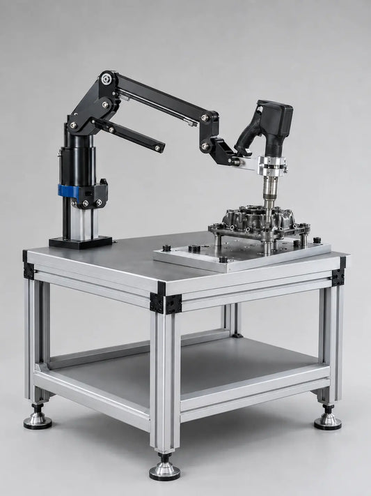HB Torque workstation compatible with ESTIC Handy 2000 PULSE T pistol nutrunner, 10–70 N·m reaction arm