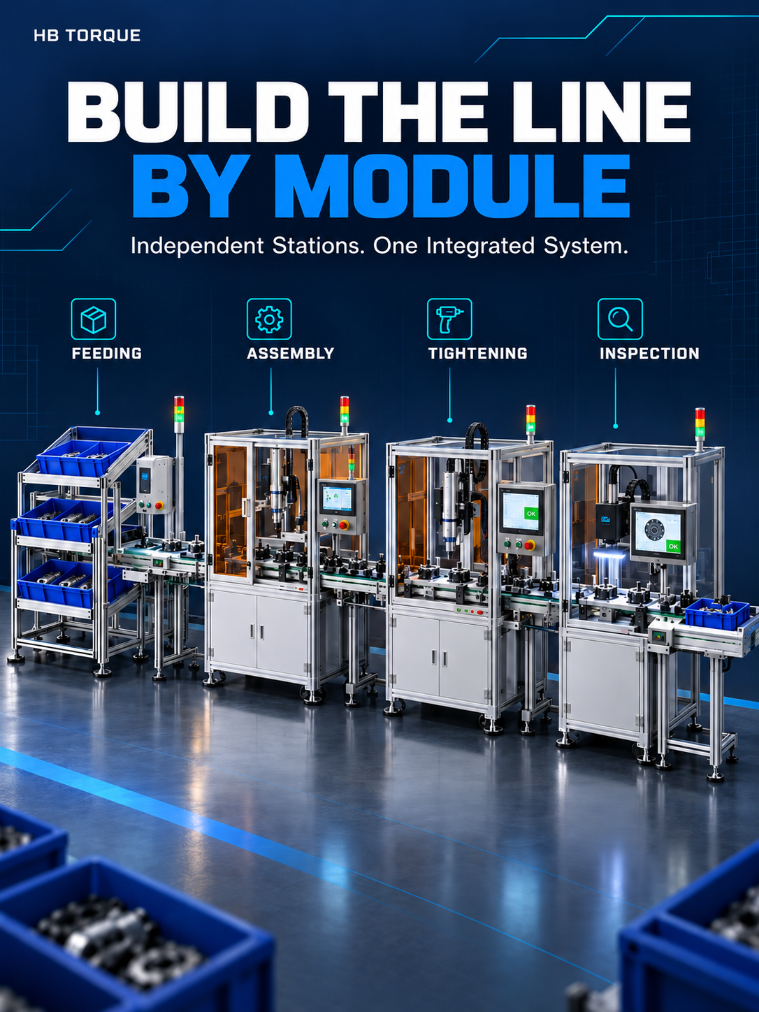 Modular feeding assembly tightening and inspection stations