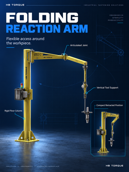 Folding torque reaction arm with articulated joint and compact retracted position