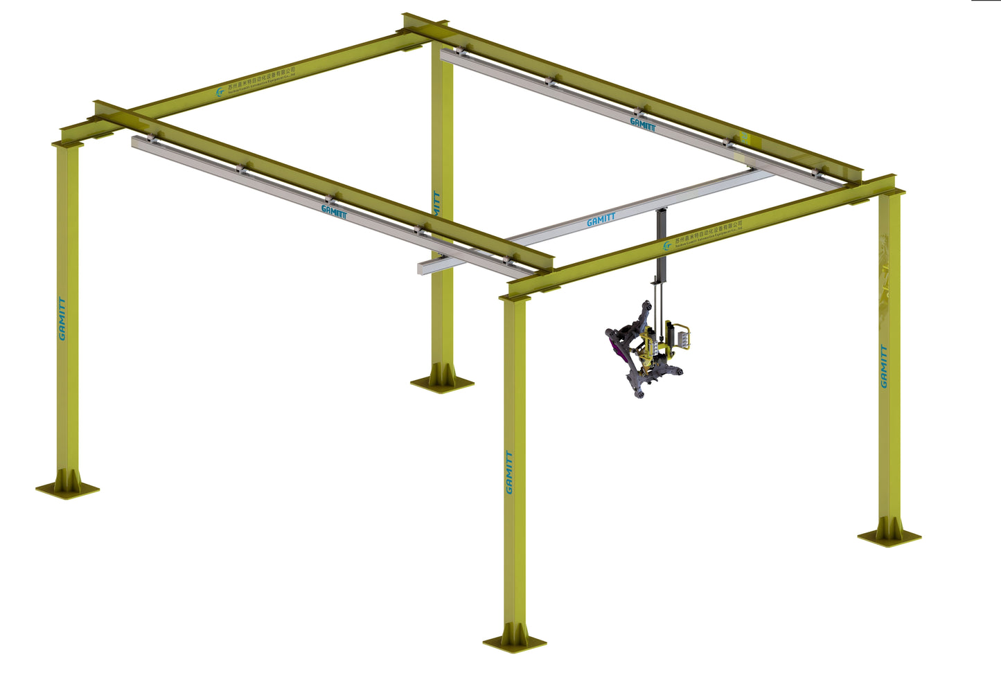 Heavy-duty aluminum workstation crane system equipped with HUABOW servo-controlled manipulator.