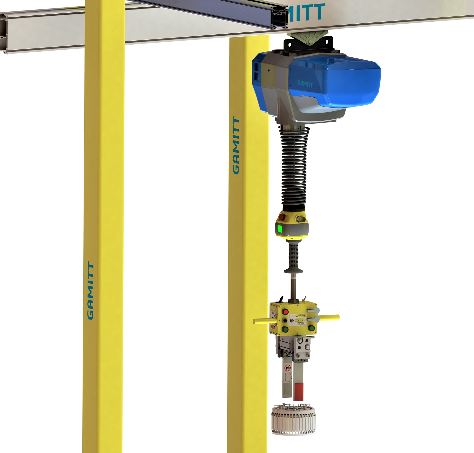 HUABOW GMT-S intelligent lift device handling an EV motor stator with a custom pneumatic gripper.