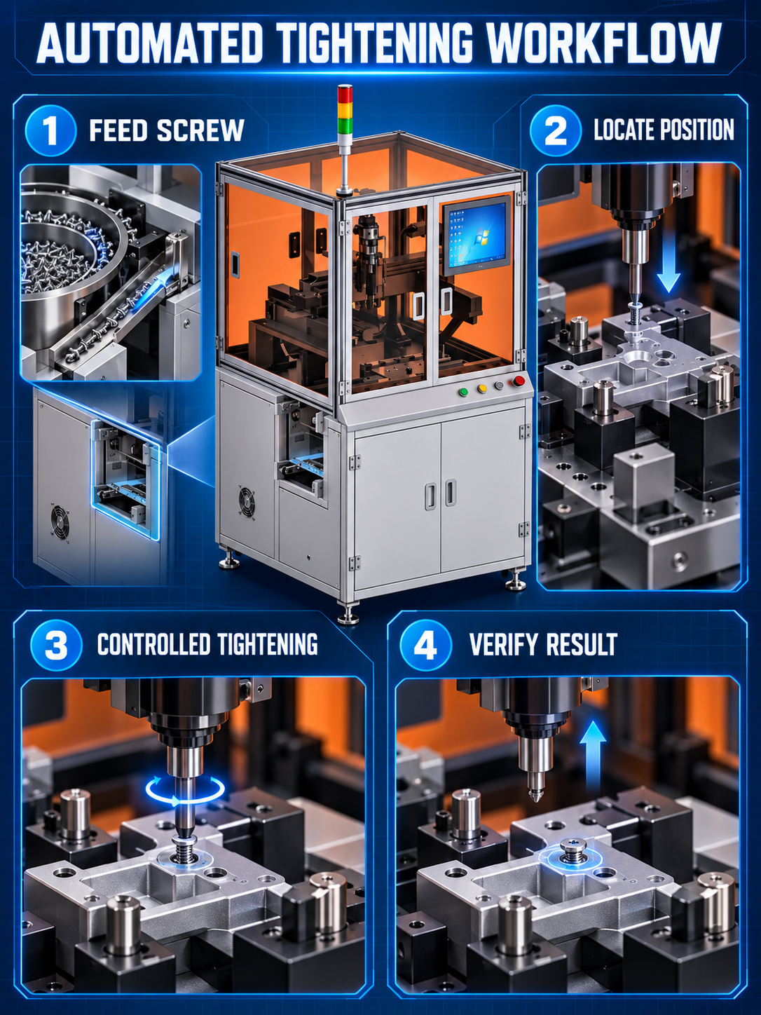 Automated screw feeding positioning controlled tightening and result verification workflow