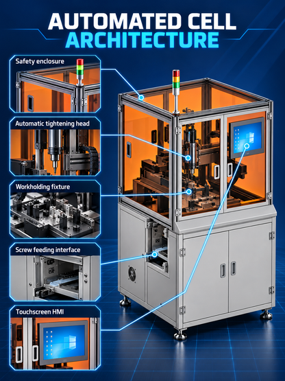 Automatic screw tightening cell safety enclosure tightening head fixture feeder and HMI
