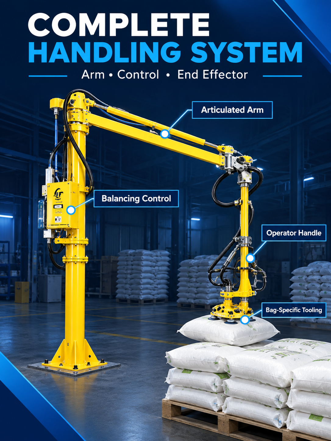 Complete bag handling manipulator system with arm control handle and tooling