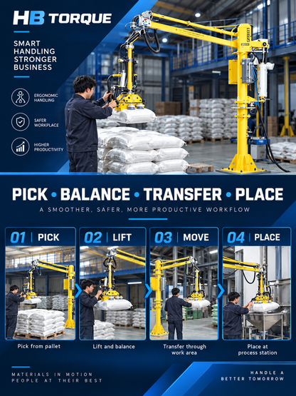 Bag handling workflow from pickup through balanced transfer and placement