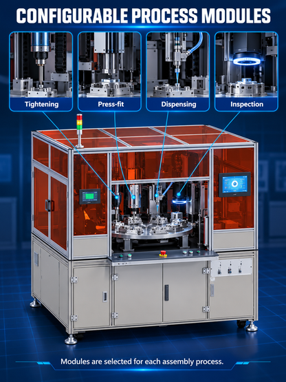 Configurable tightening press fit dispensing and inspection process modules