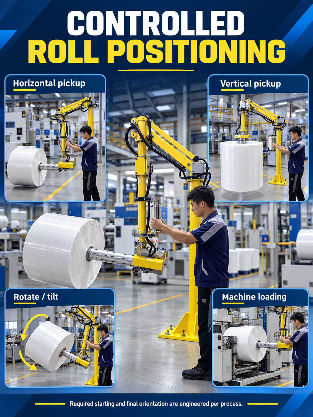 Controlled horizontal and vertical roll pickup rotation tilt and machine loading