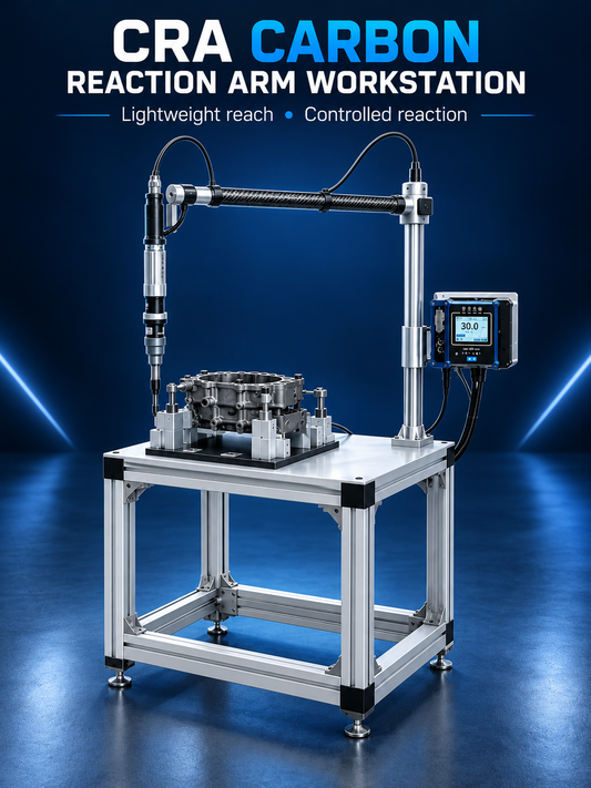HB Torque CRA carbon reaction arm tightening workstation with inline nutrunner controller and custom fixture
