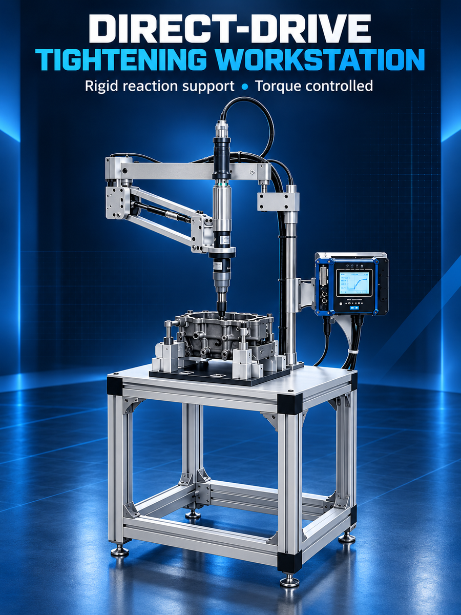 HB Torque direct-drive tightening workstation with rigid torque reaction arm and inline electric nutrunner