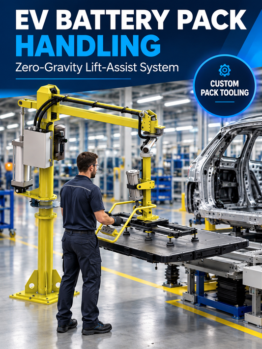 HB Torque zero-gravity manipulator lifting an EV battery pack at an assembly station