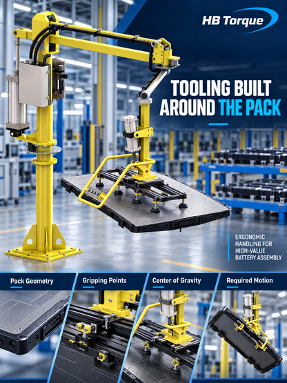 Custom mechanical tooling engineered around EV battery pack geometry and gripping points