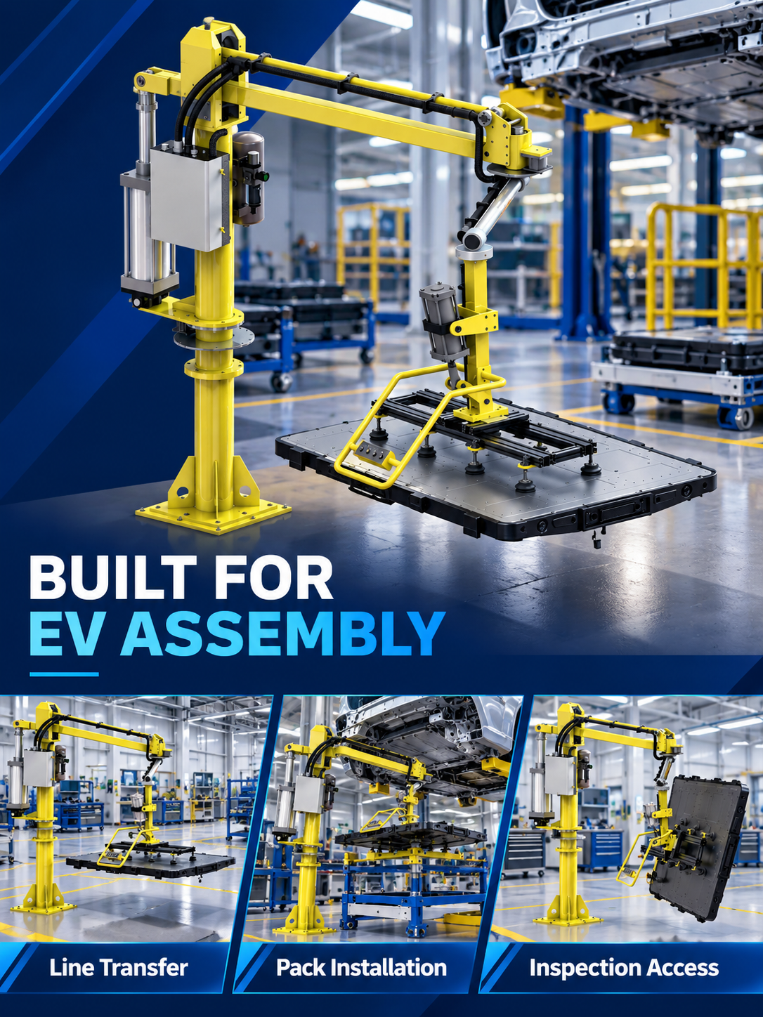 EV battery pack manipulator applications for line transfer installation and inspection