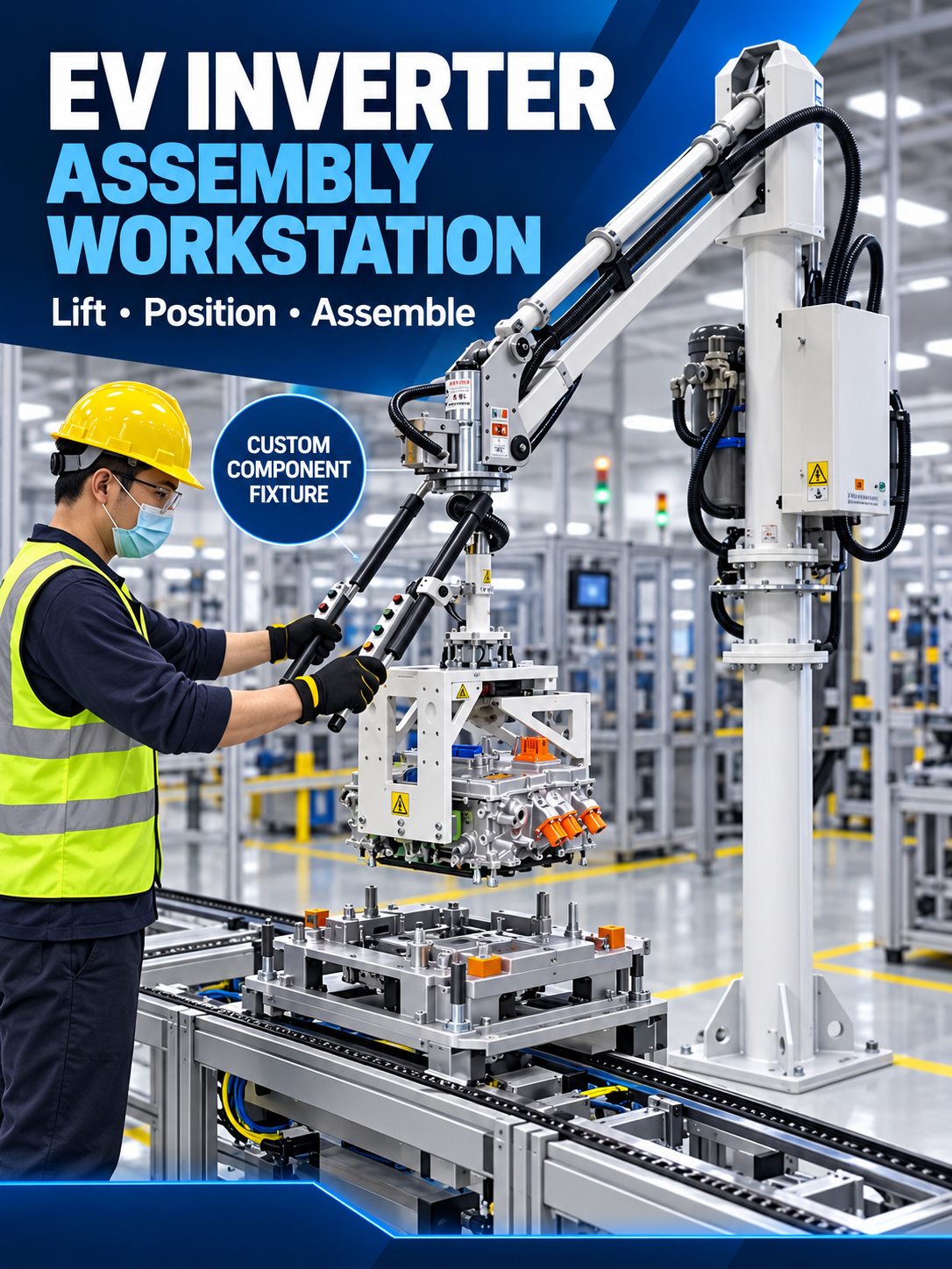 HB Torque EV inverter assembly workstation lifting and positioning an inverter module