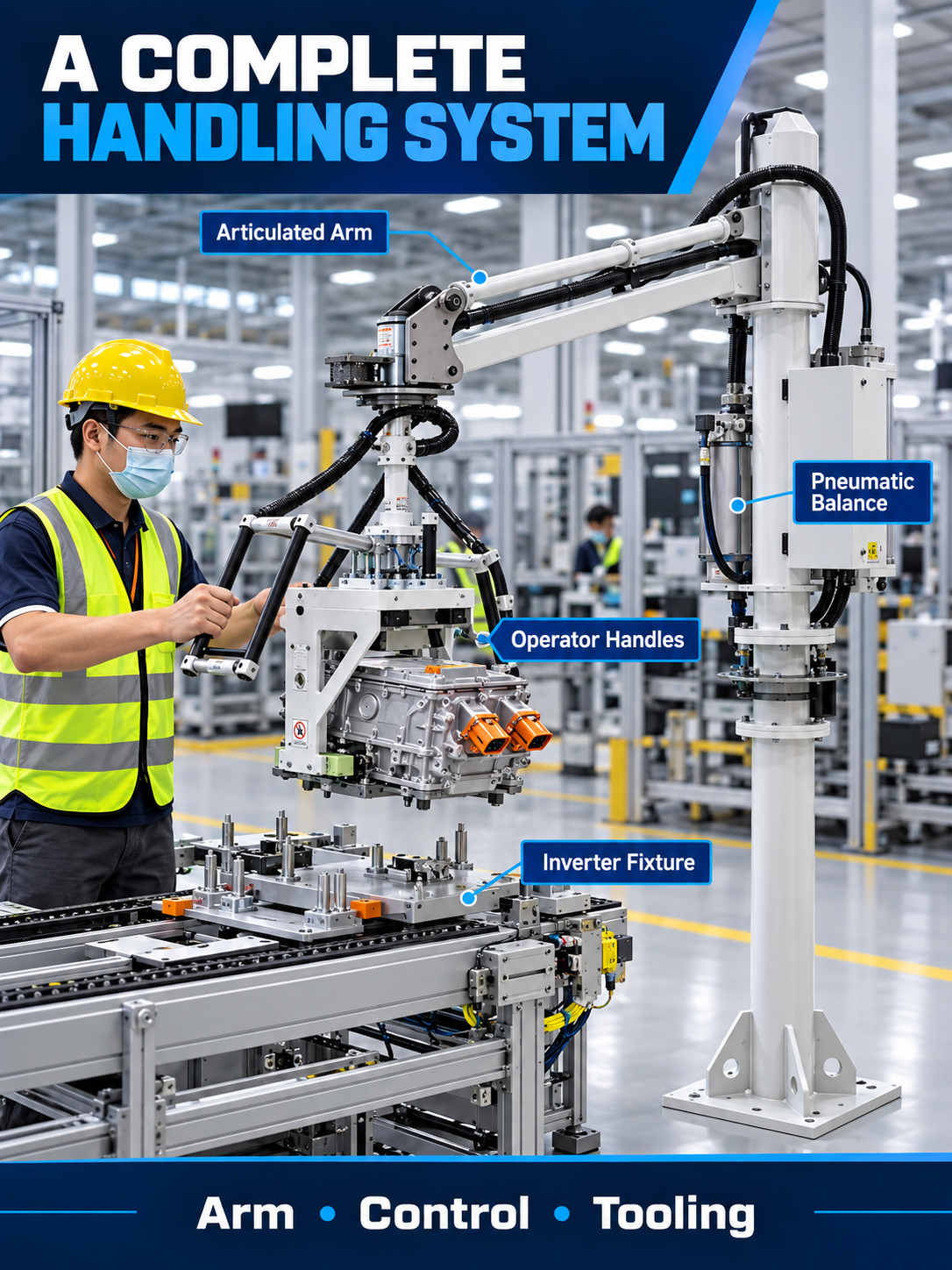 Complete EV inverter handling system with articulated arm pneumatic balance handles and custom fixture