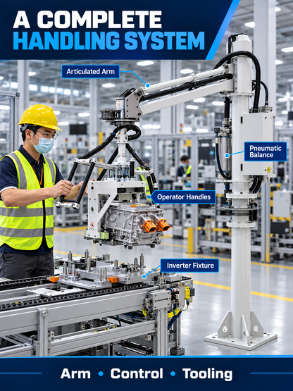 Complete EV inverter handling system with articulated arm pneumatic balance handles and custom fixture
