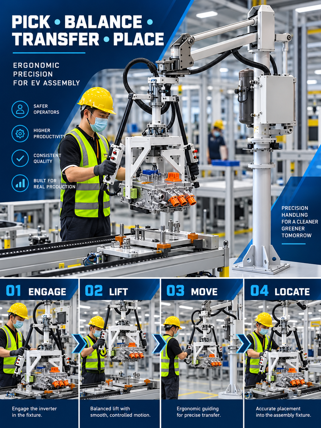 EV inverter handling workflow from fixture engagement through balanced transfer and placement